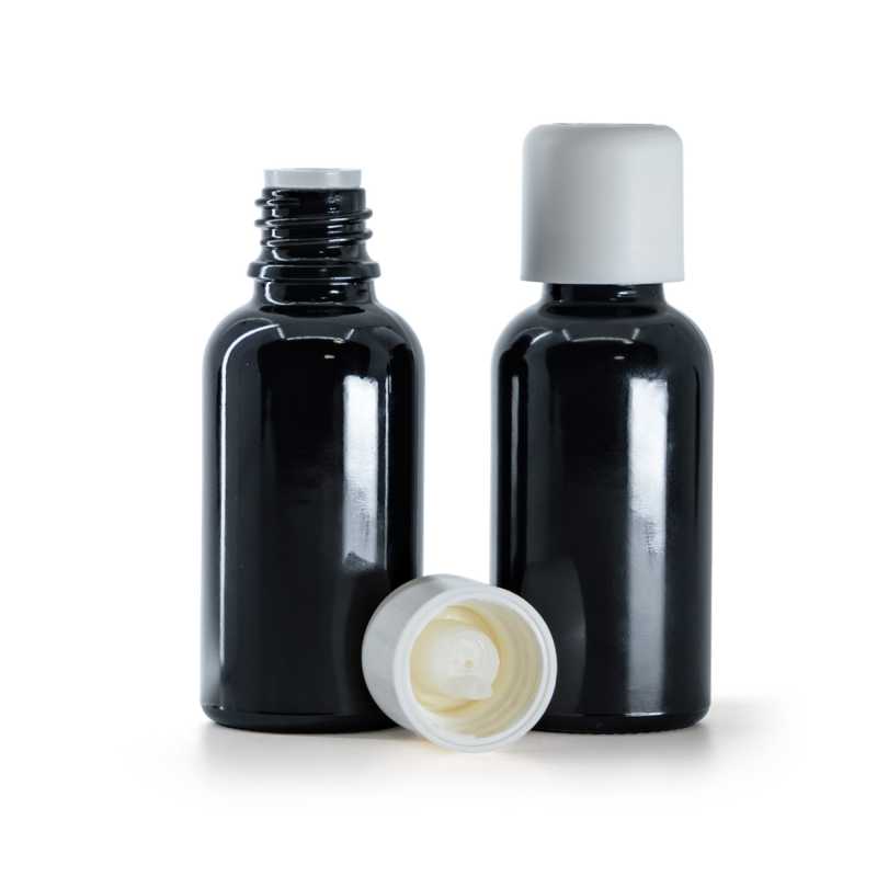 Flacon en verre noir brillant, bouchon de sécurité blanc et compte-gouttes, 30 ml