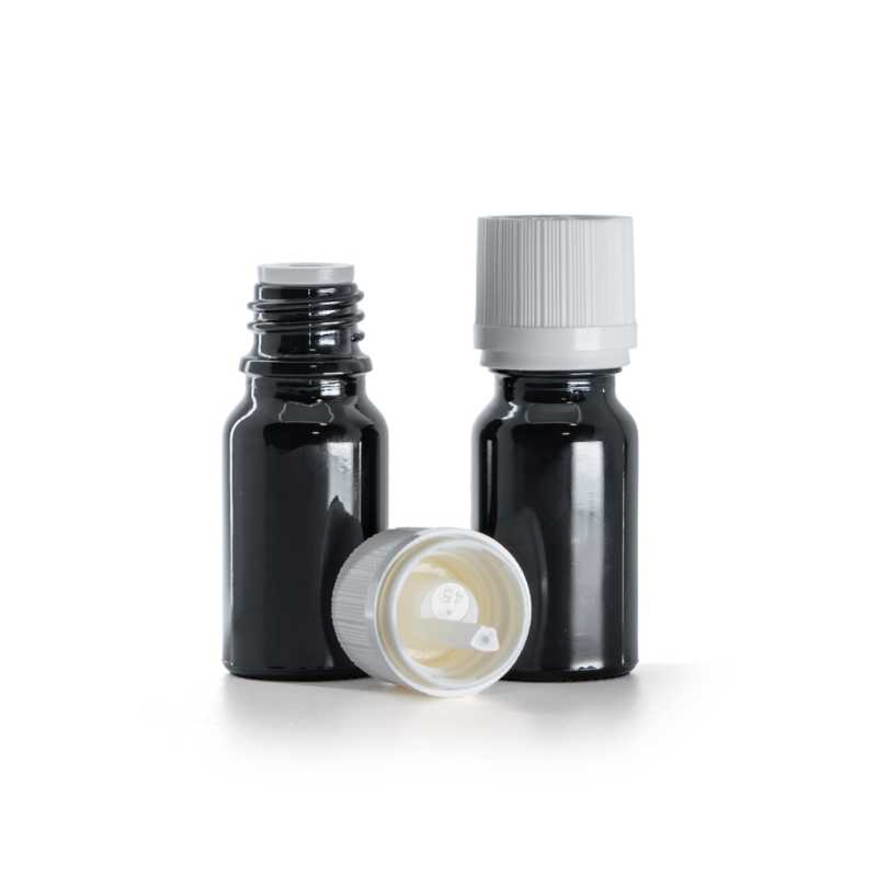 Flacon en verre noir brillant, bouchon de sécurité blanc inviolable et compte-gouttes, 10 ml