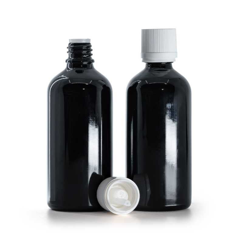 Flacon en verre noir brillant, bouchon de sécurité blanc inviolable et compte-gouttes, 100 ml