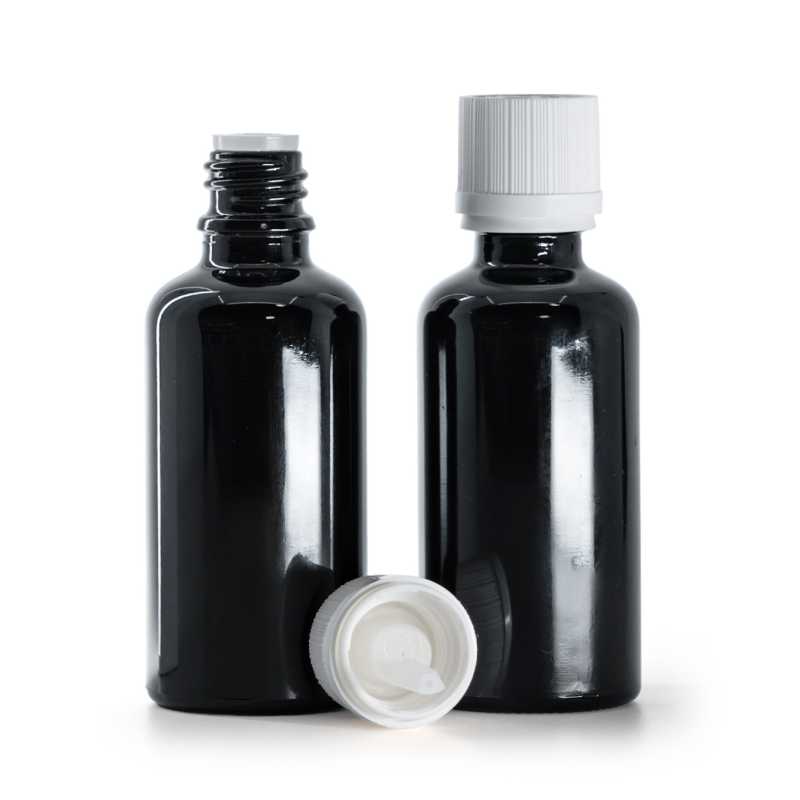 Flacon en verre noir brillant, bouchon de sécurité blanc inviolable et compte-gouttes, 50 ml