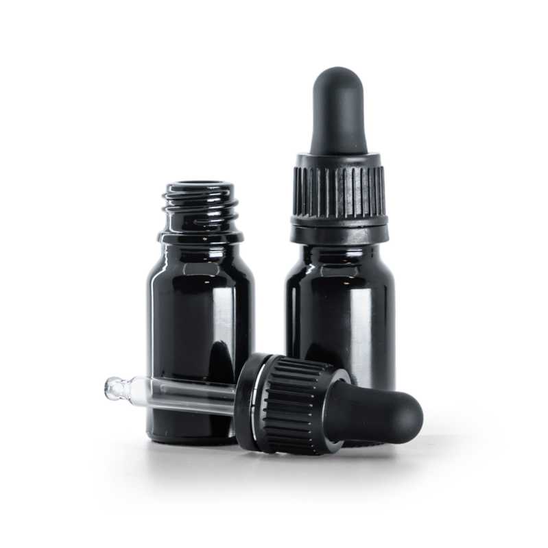 Flacon en verre noir brillant, compte-gouttes noir inviolable, 10 ml