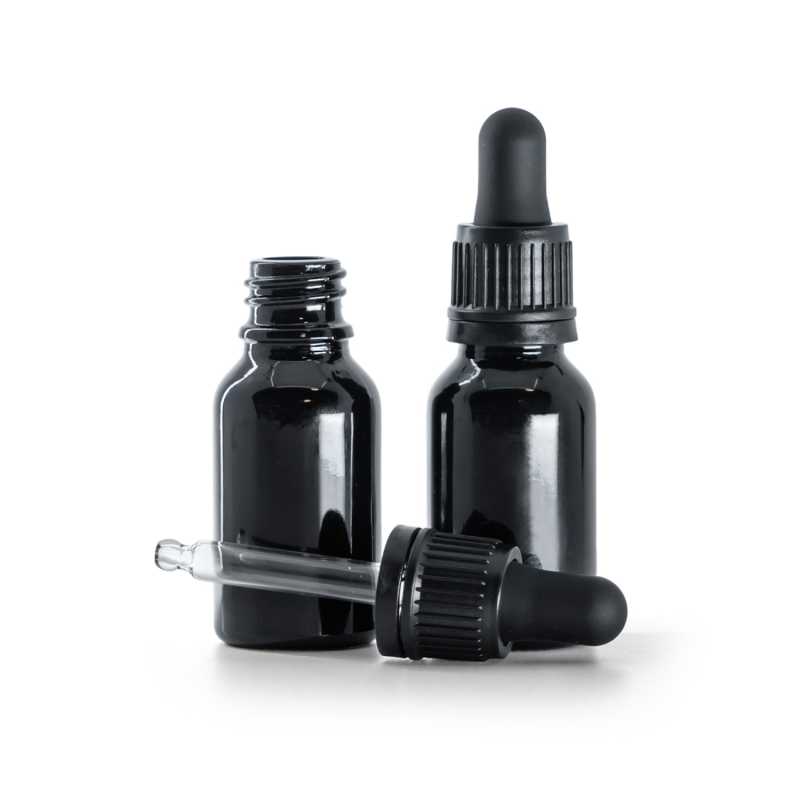Flacon en verre noir brillant, compte-gouttes noir inviolable, 15 ml