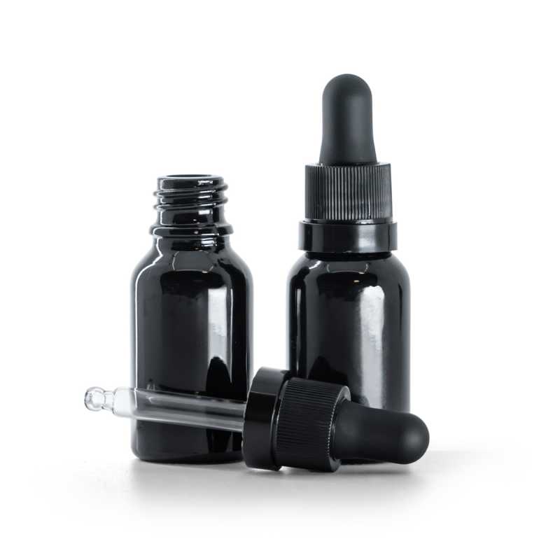 Flacon en verre noir brillant, compte-gouttes noir mat avec bande brillante, 15 ml