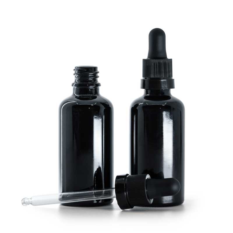 Flacon en verre noir brillant, compte-gouttes noir mat avec bande brillante, 50 ml