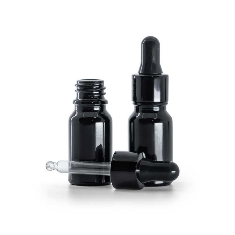 Flacon en verre noir brillant, compte-gouttes noir brillant, 10 ml