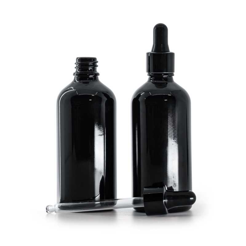 Bouteille en verre noir brillant, compte-gouttes noir brillant, 100 ml