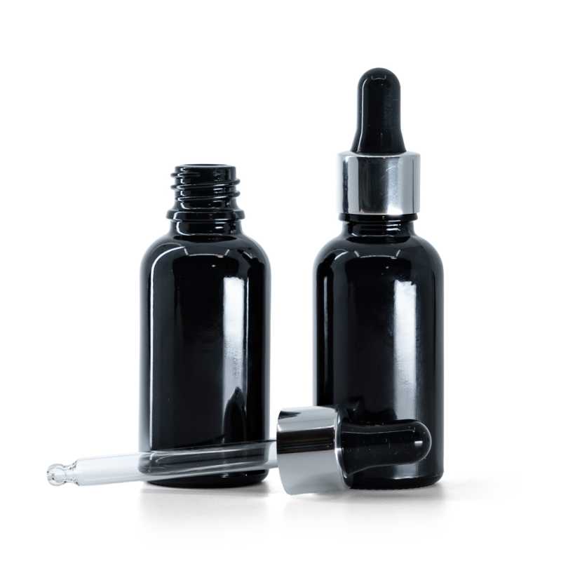 Flacon en verre noir brillant, compte-gouttes noir argenté brillant, 30 ml