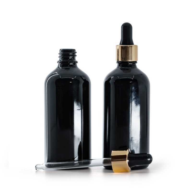 Flacon en verre noir brillant, compte-gouttes noir doré, 100 ml