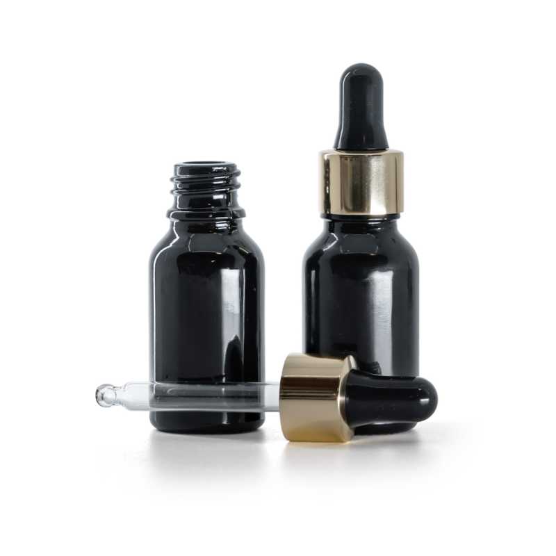 Flacon en verre noir brillant, compte-gouttes noir doré, 15 ml