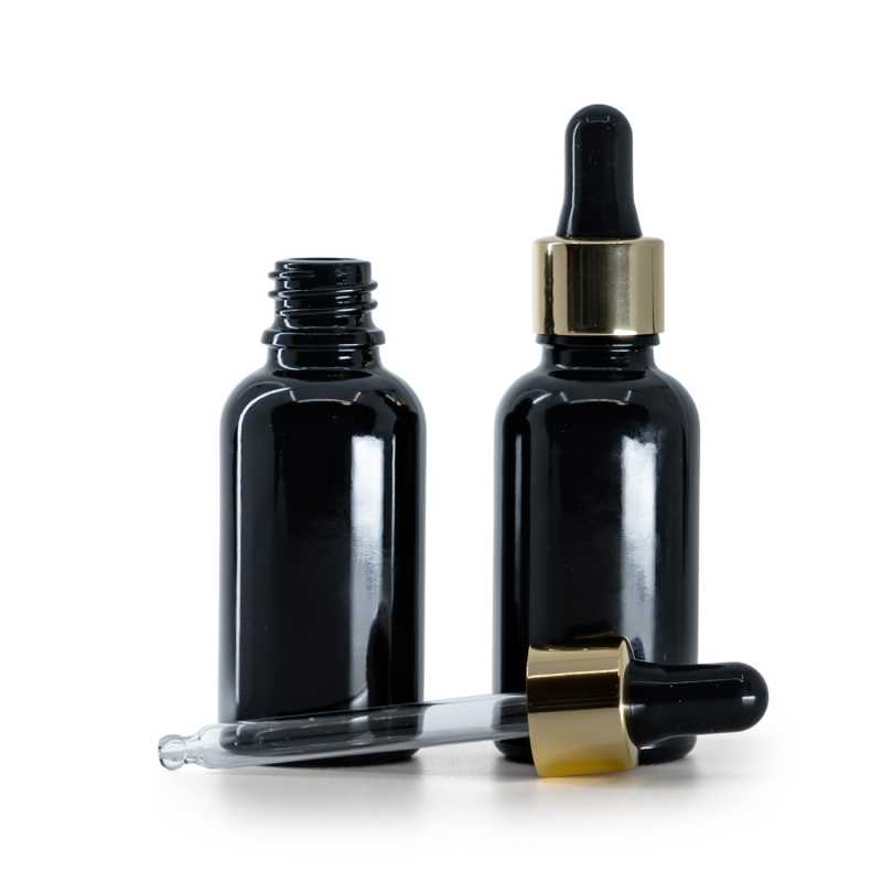 Flacon en verre noir brillant, compte-gouttes noir doré, 30 ml