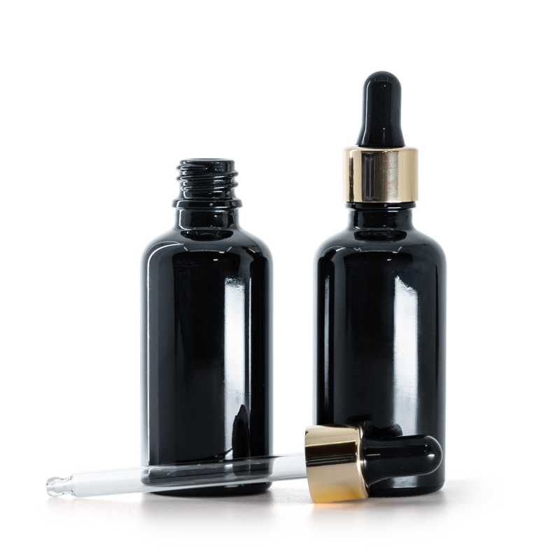 Flacon en verre noir brillant, compte-gouttes noir doré, 50 ml