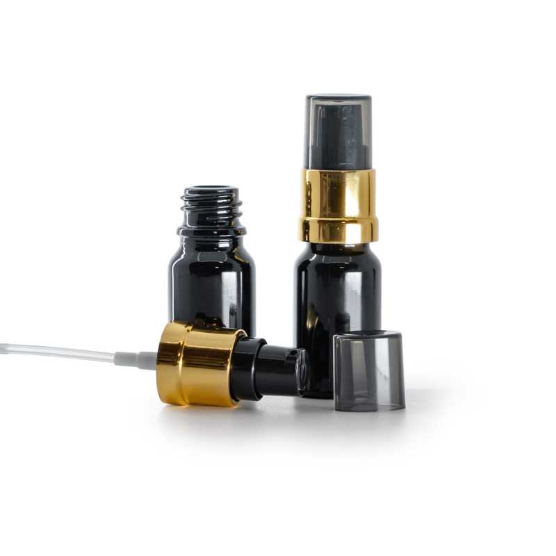 Flacon en verre noir brillant, distributeur noir et doré brillant avec surcapuchon fumé, 10 ml