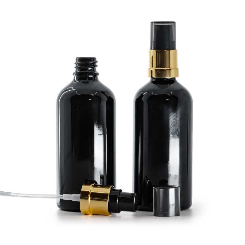 Flacon en verre noir brillant, pompe noir et or brillante avec surcapuchon fumé, 100 ml