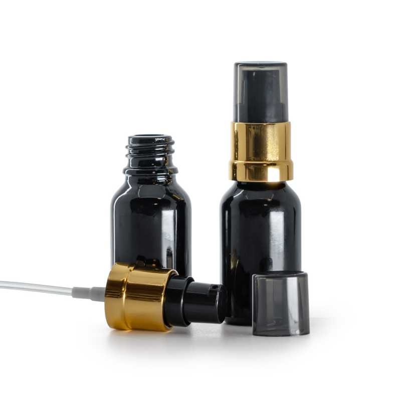Flacon en verre noir brillant, distributeur noir et or brillant avec surcapuchon fumé, 15 ml