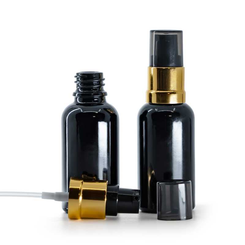 Flacon en verre noir brillant, pompe noir et or brillante avec surcapuchon fumé, 30 ml