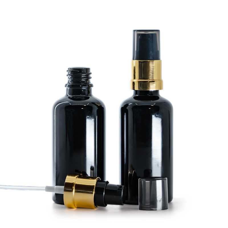 Flacon en verre noir brillant, pompe noir et or brillante avec surcapuchon fumé, 50 ml