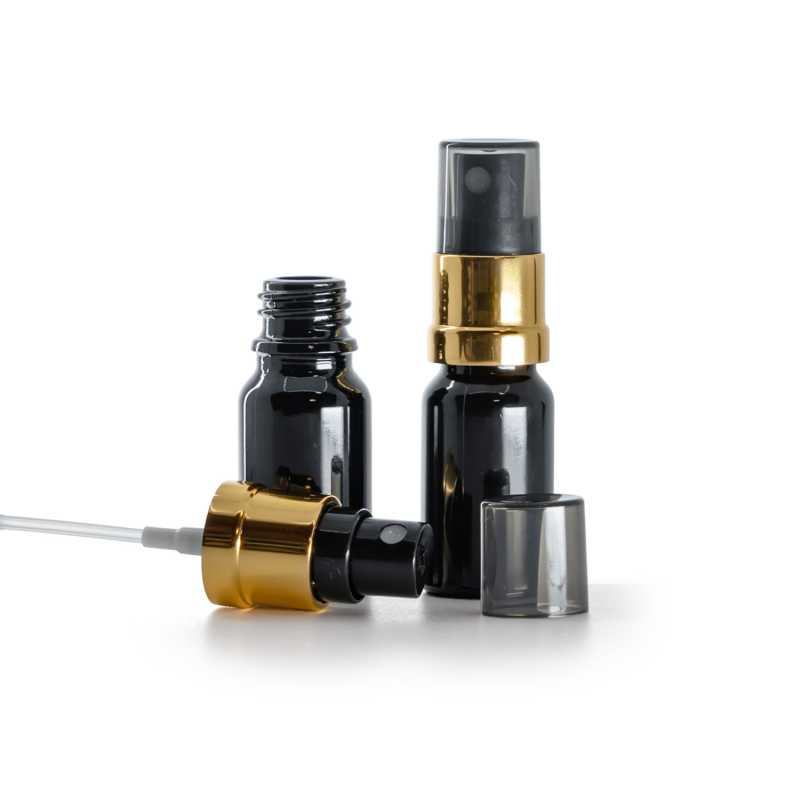 Flacon en verre noir brillant, spray brume fine noir et or avec surcapuchon fumé, 10 ml