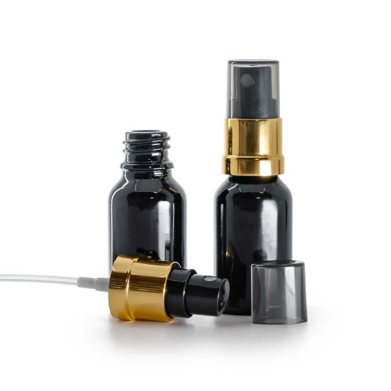 Flacon en verre noir brillant, spray brume fine noir et doré avec surcapuchon fumé, 15 ml