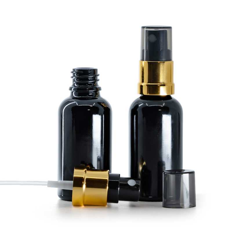 Flacon en verre noir brillant, vaporisateur noir et or, surcapuchon fumé, 30 ml