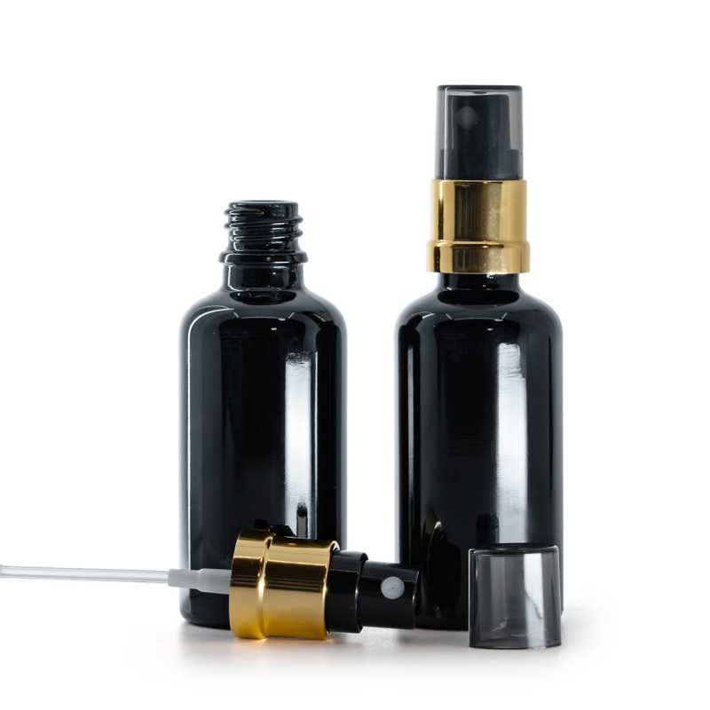 Flacon en verre noir brillant, pompe spray noir et or, capot fumé, 50 ml