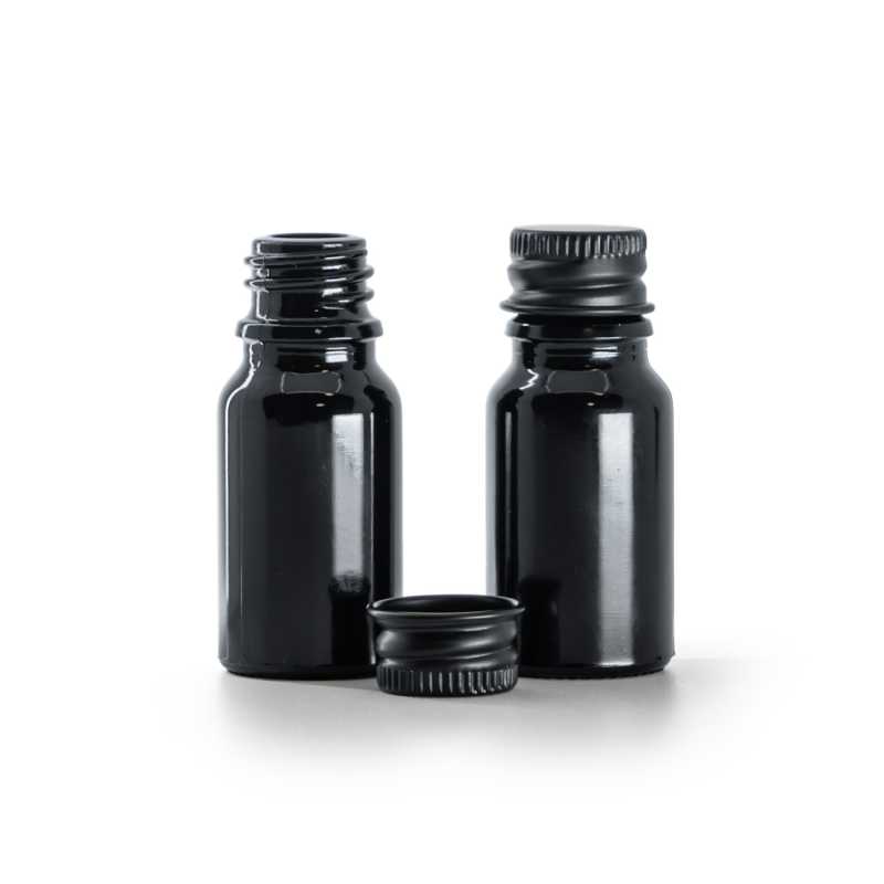Flacon en verre noir brillant, bouchon en aluminium noir, 10 ml