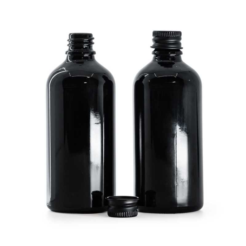Bouteille en verre noir brillant, bouchon en aluminium noir, 100 ml