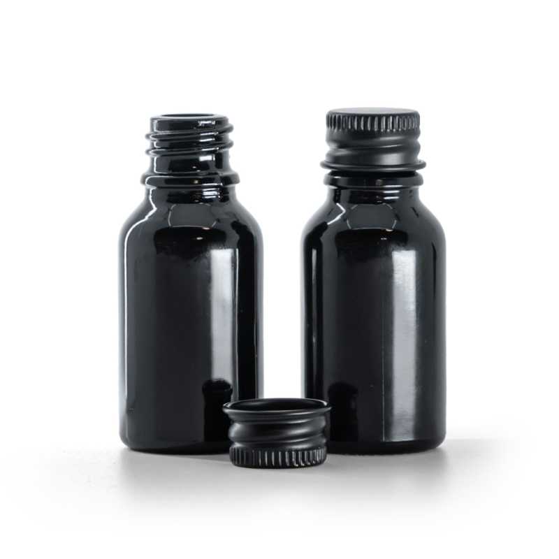 Flacon en verre noir brillant, bouchon en aluminium noir, 15 ml