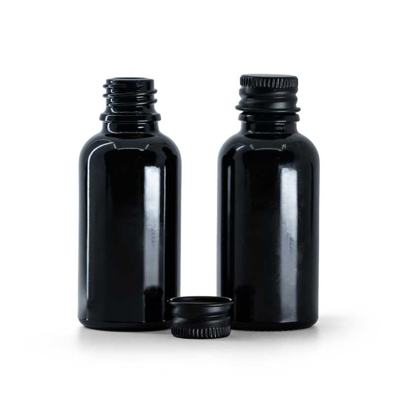 Bouteille en verre noir brillant, bouchon en aluminium noir, 30 ml