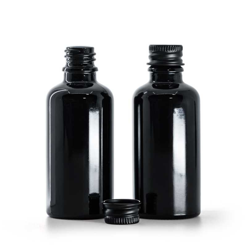 Bouteille en verre noir brillant, bouchon en aluminium noir, 50 ml