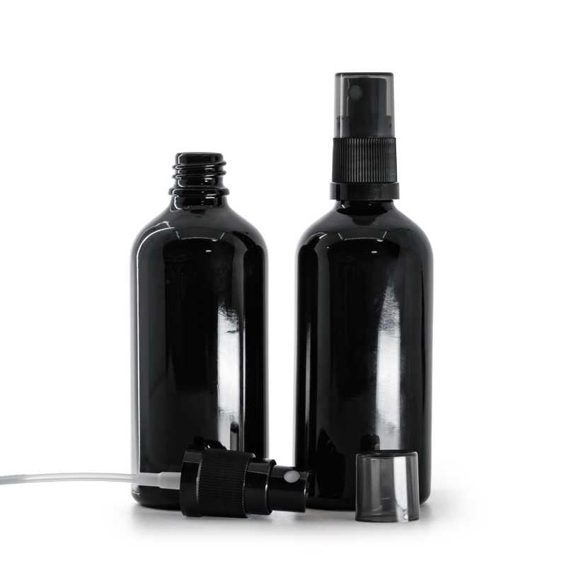 Flacon en verre noir brillant, vaporisateur noir à fines gouttes, bouchon fumé, 100 ml