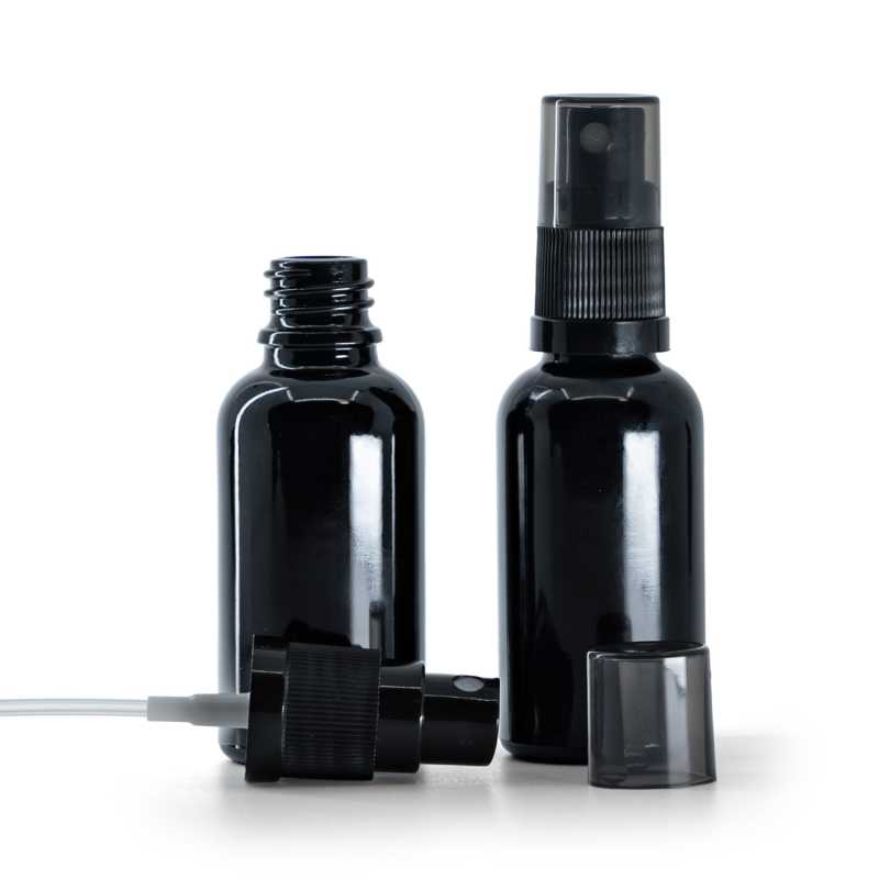 Flacon en verre noir brillant, vaporisateur noir, bouchon fumé, 30 ml