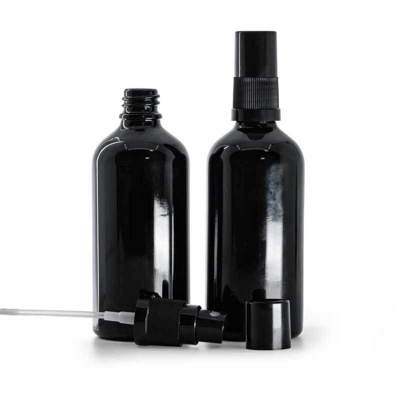 Flacon en verre noir brillant, vaporisateur noir pour brume fine, bouchon noir, 100 ml