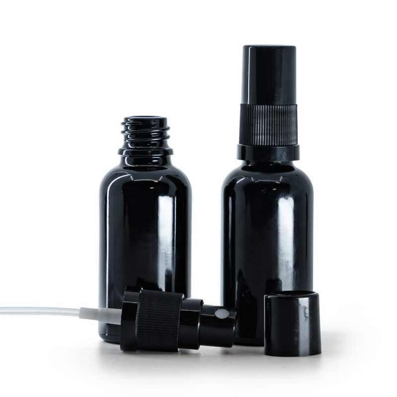 Flacon en verre noir brillant, vaporisateur noir pour brume fine, bouchon noir, 30 ml