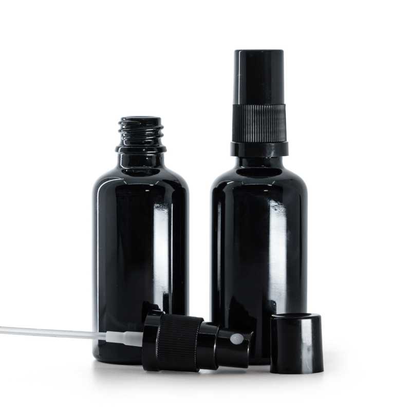 Flacon en verre noir brillant, vaporisateur noir pour brume fine, bouchon noir, 50 ml