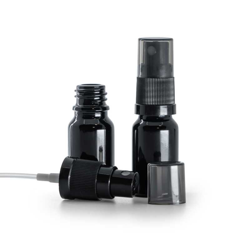 Flacon en verre noir brillant, spray brume fine noir, surcapuchon fumé, 10 ml