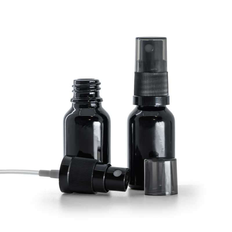 Flacon en verre noir brillant, spray brume fine noir, surcapuchon fumé, 15 ml