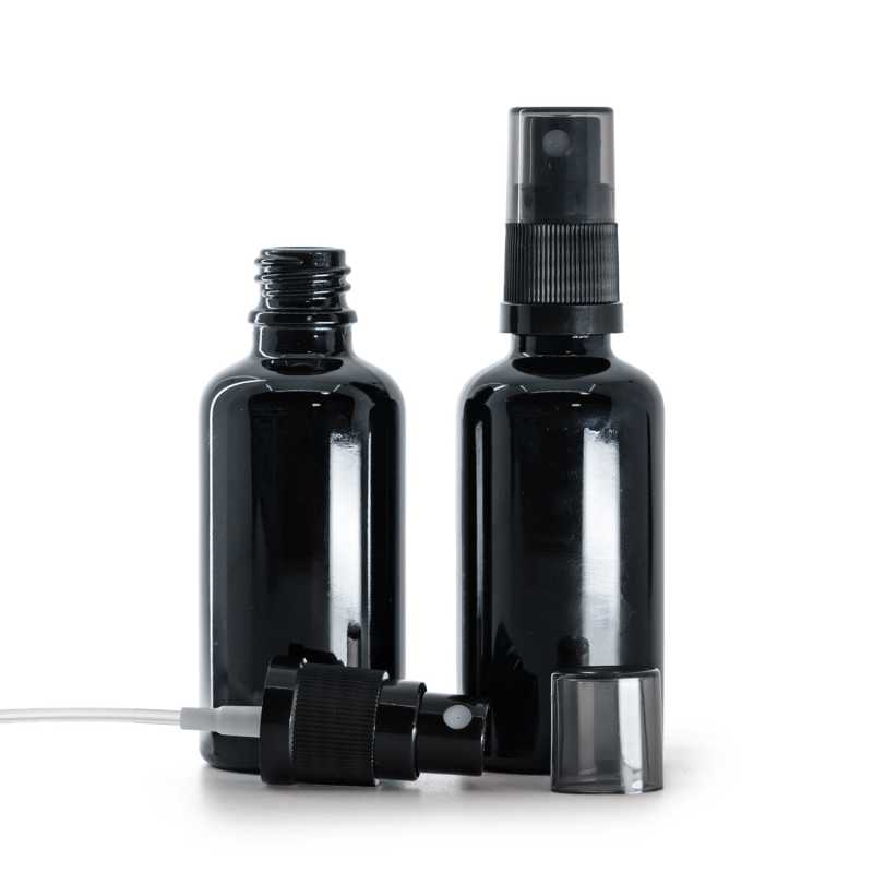 Flacon en verre noir brillant, spray brume fine noir, surcapuchon fumé, 50 ml
