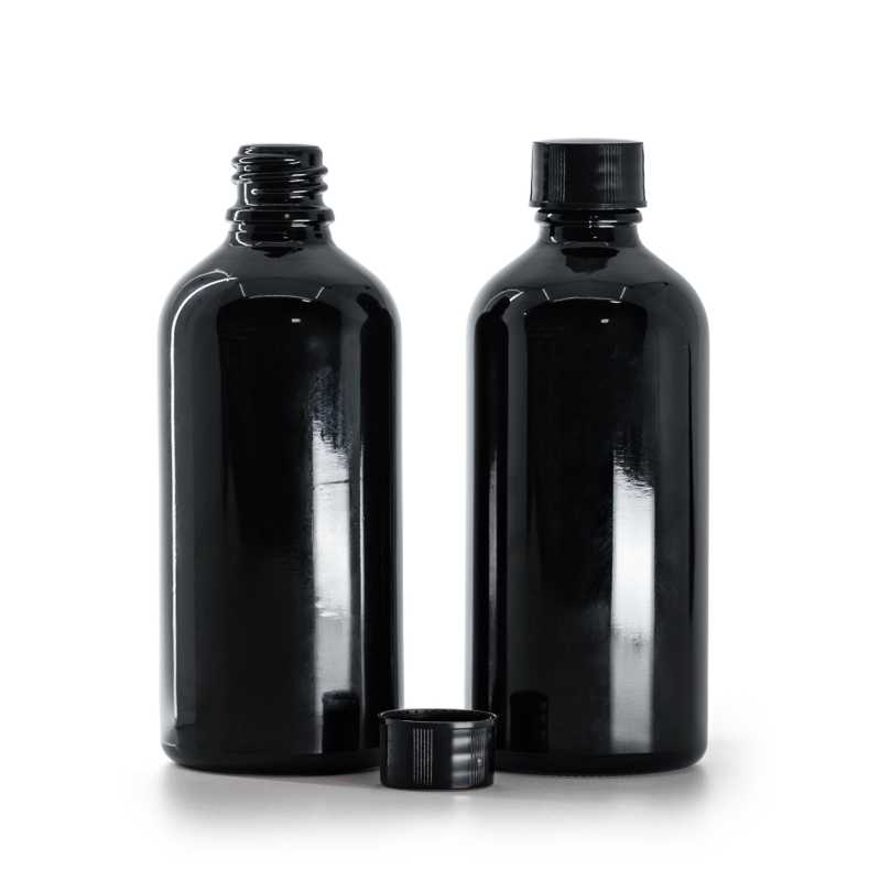 Bouteille en verre noir brillant, bouchon noir, 100 ml