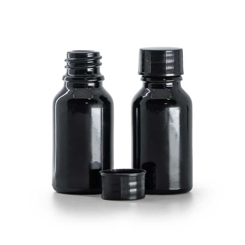 Flacon en verre noir brillant, bouchon noir, 15 ml