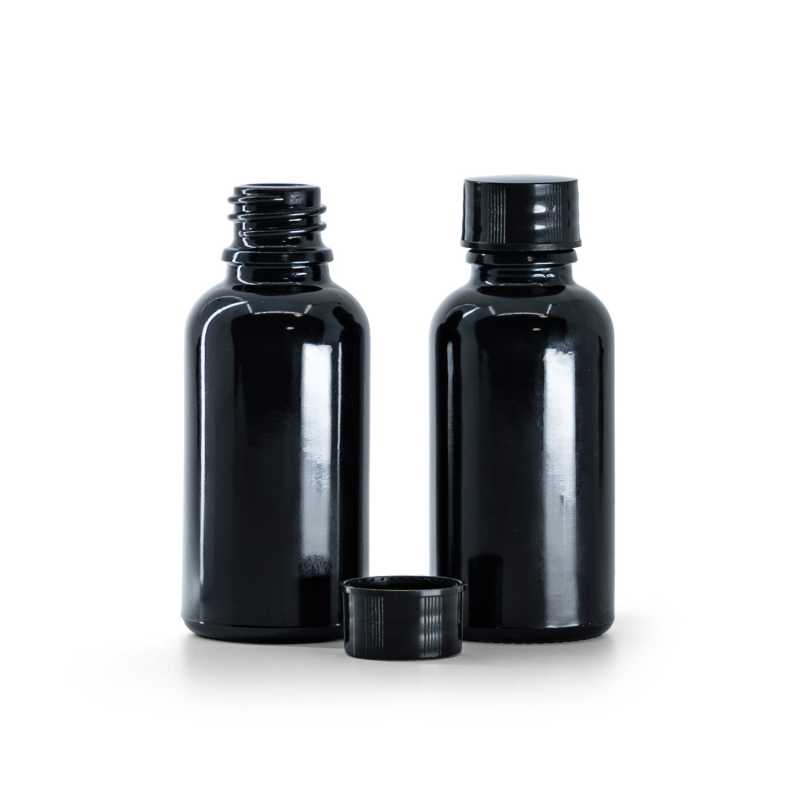 Bouteille en verre noir brillant, bouchon noir, 30 ml