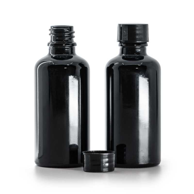 Bouteille en verre noir brillant, bouchon noir, 50 ml