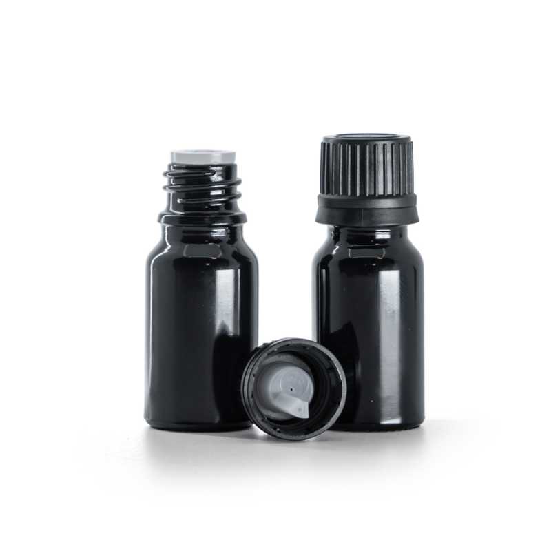 Flacon en verre noir brillant, bouchon noir et compte-gouttes 10 ml