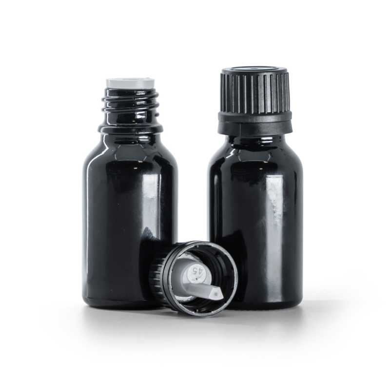 Flacon en verre noir brillant, bouchon noir et compte-gouttes 15 ml
