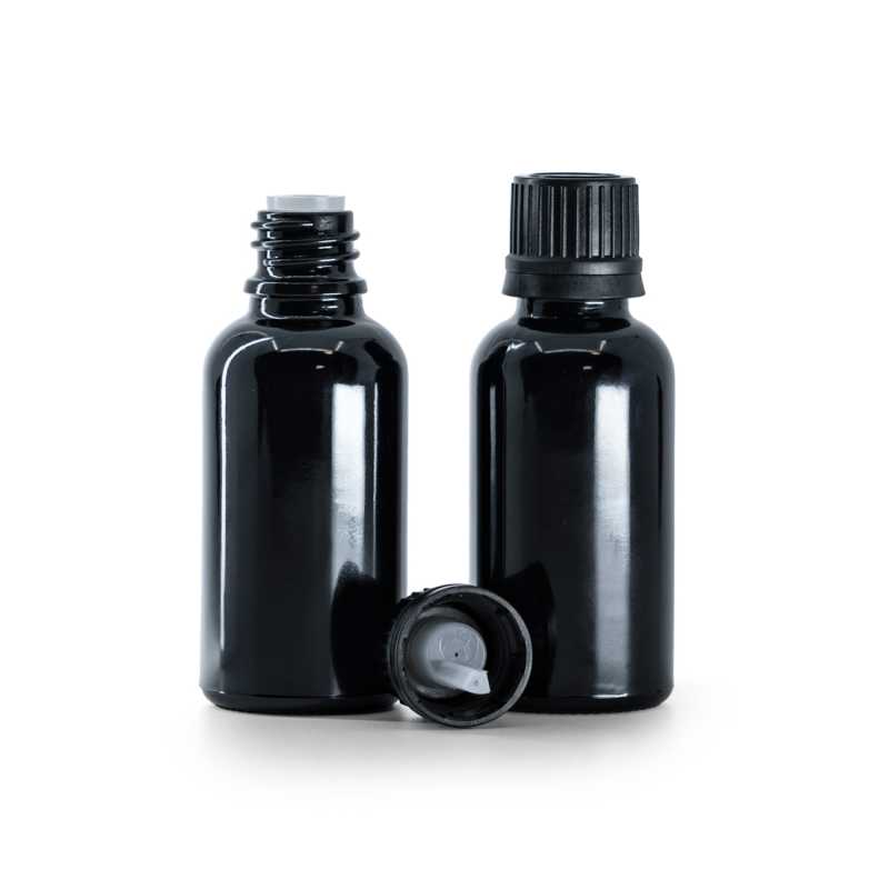 Flacon en verre noir brillant, bouchon noir et compte-gouttes, 30 ml