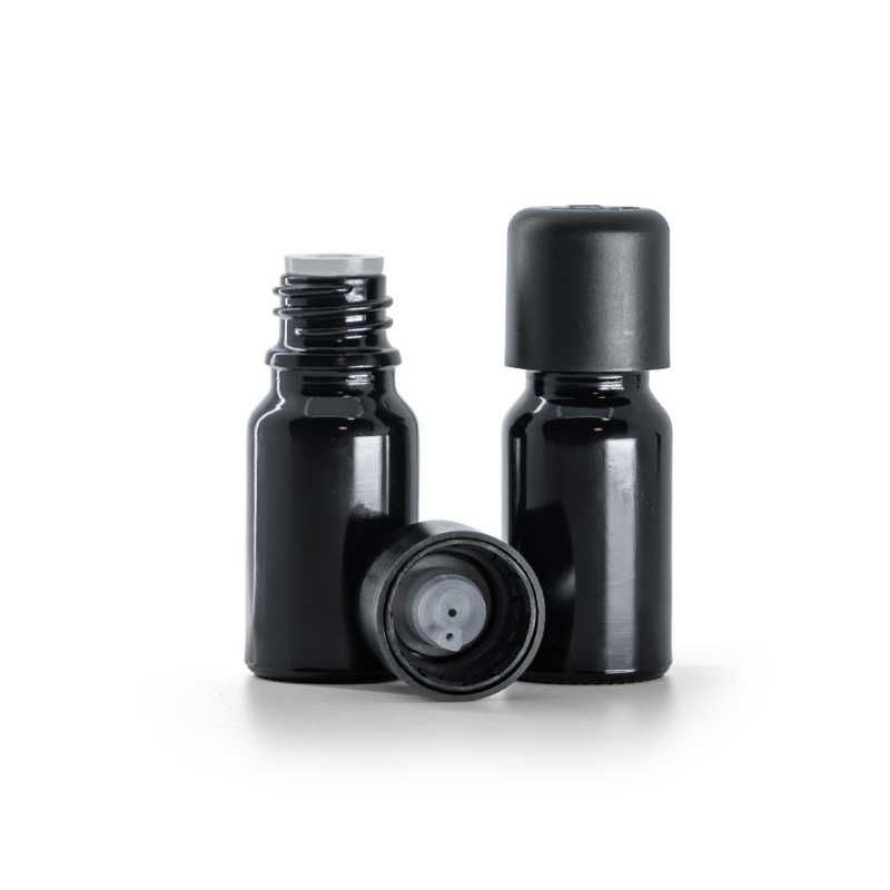 Flacon en verre noir brillant, bouchon de sécurité noir inviolable et compte-gouttes 10 ml
