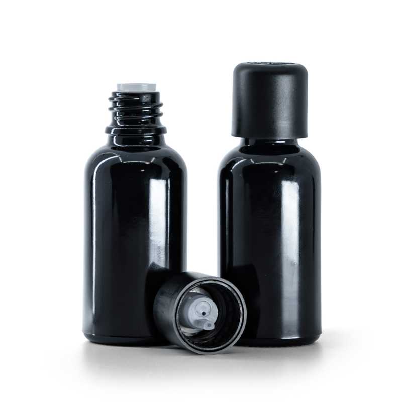Flacon en verre noir brillant, bouchon de sécurité noir inviolable et compte-gouttes, 30 ml