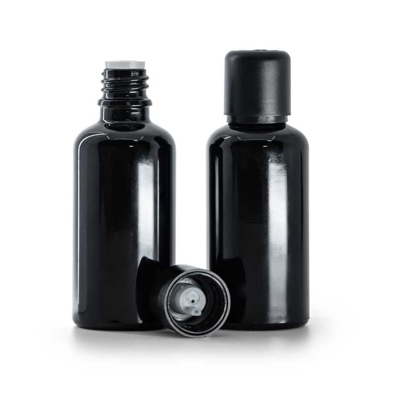 Flacon en verre noir brillant, bouchon de sécurité noir inviolable et compte-gouttes, 50 ml