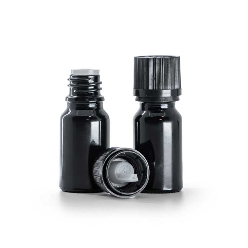 Flacon en verre noir brillant, bouchon de sécurité noir inviolable et compte-gouttes, strié, 10 ml