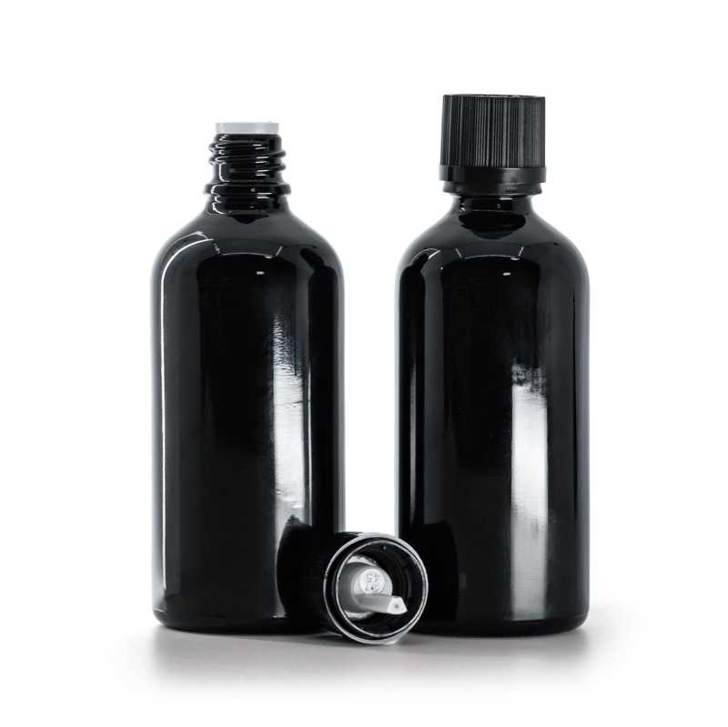Flacon en verre noir brillant, bouchon de sécurité noir et compte-gouttes 100 ml