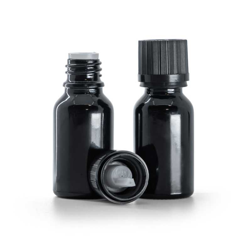 Flacon en verre noir brillant, bouchon de sécurité noir et compte-gouttes 15 ml